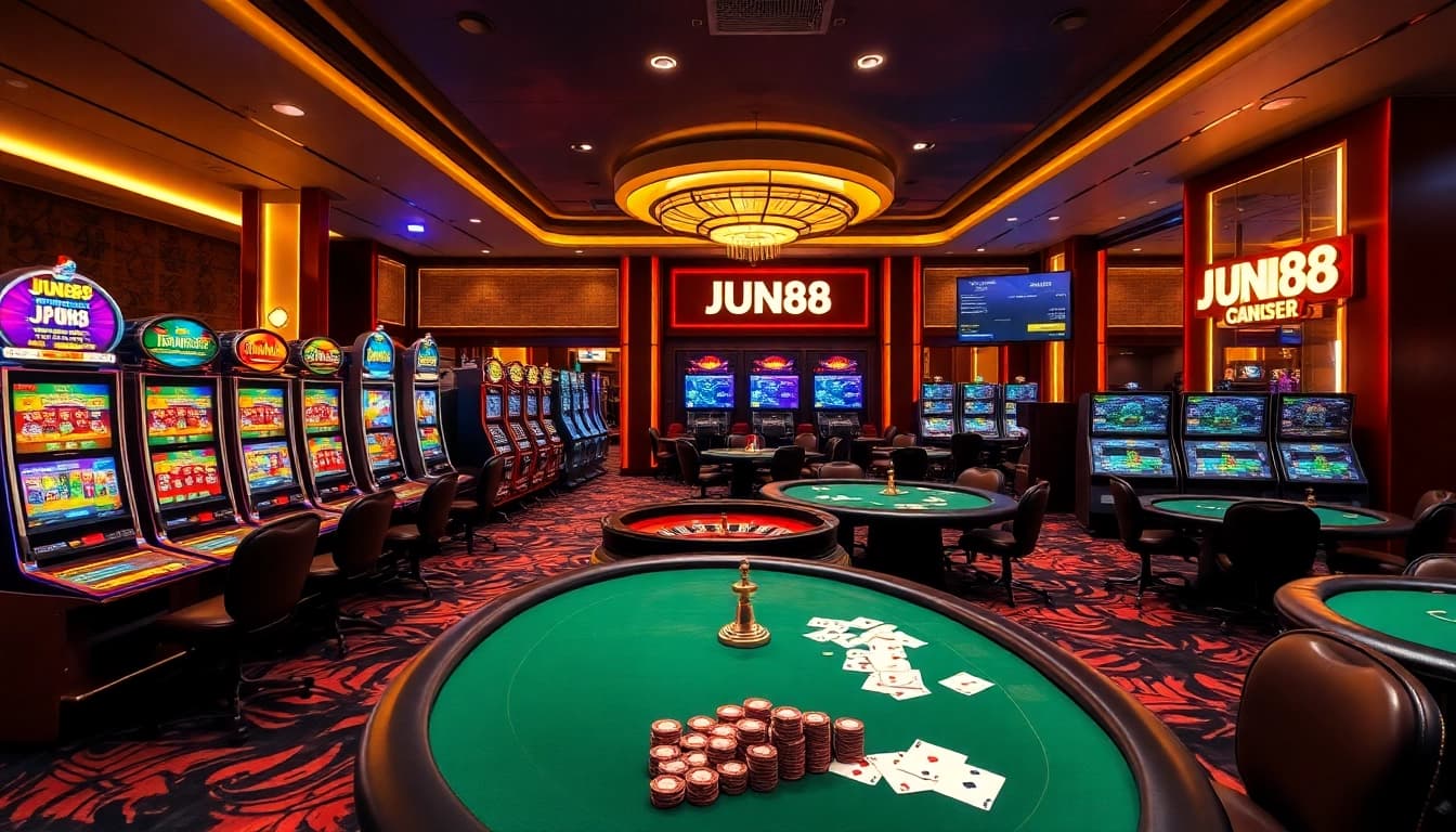 Experience thrilling gaming moments at Jun88 casino tables with vibrant chips and cards.