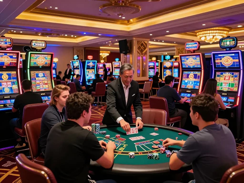 XX88 casino scene with players at colorful slot machines and tables, vibrant atmosphere.