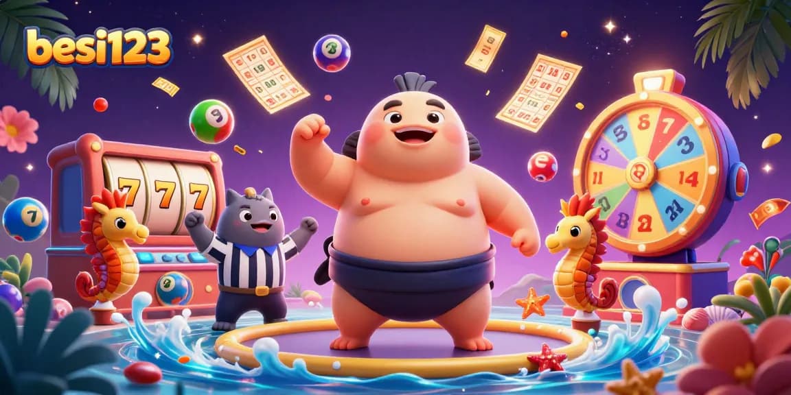 Experience the excitement of besi123 with a lively underwater casino scene featuring a fugu in a sumo belt.
