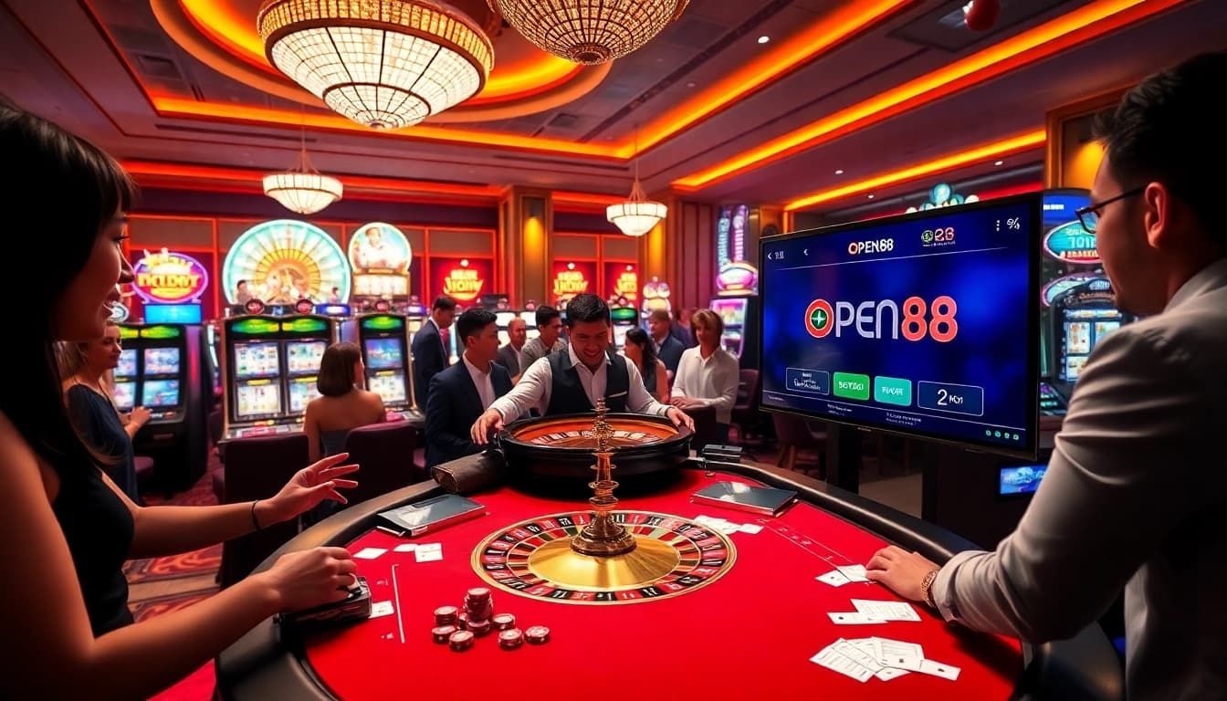 Excited players engage with the OPEN88 gaming table in a luxurious casino setting.