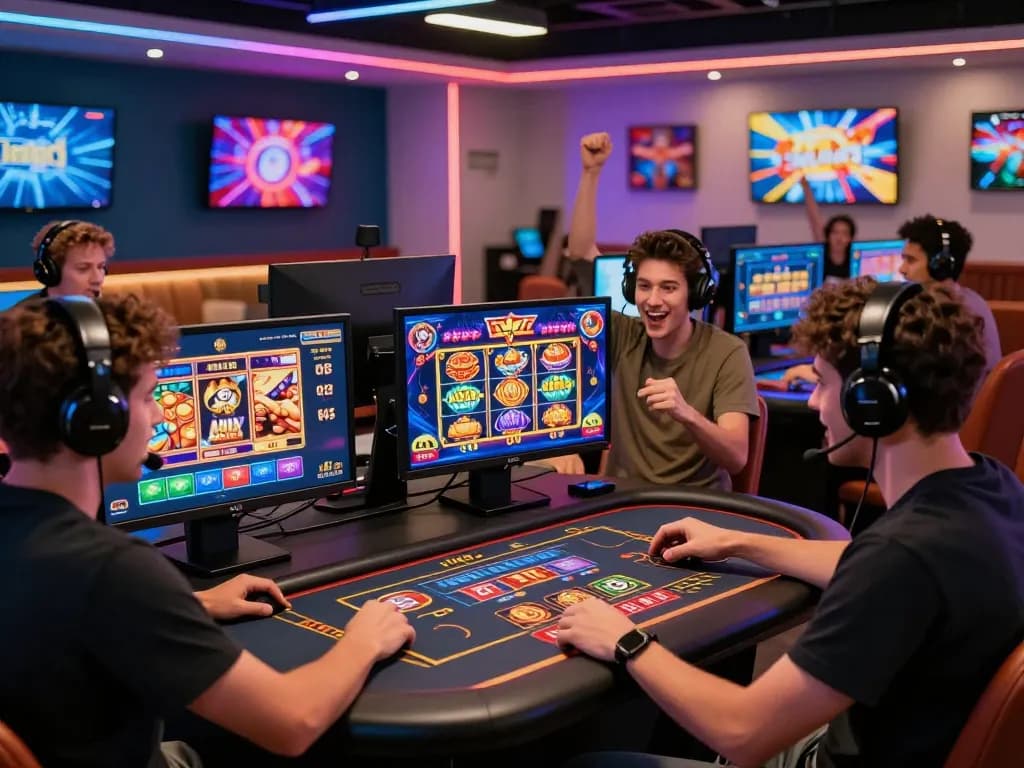 Engaged players enjoying online gaming at HM88, showcasing interactive casino experience in a modern virtual lounge.