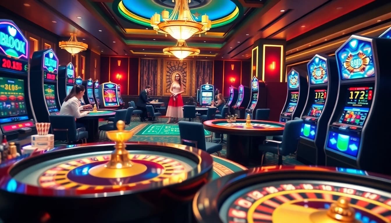 Players enjoying casino games on the bdtk1 app, surrounded by poker chips and roulette wheels.