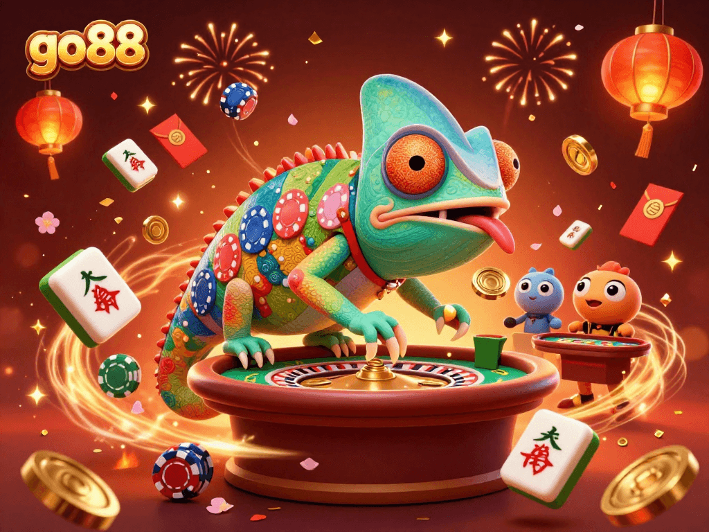 Experience the vibrant world of go88, where a chameleon casino owner cleverly captures golden coins.