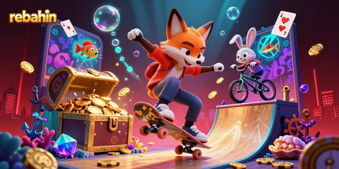 Engaging rebahin casino scene with a skateboarder fox and BMX rabbit in a vibrant gaming atmosphere featuring poker chips and underwater treasures.