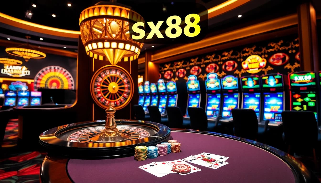 Exciting casino visuals featuring sx88 roulette and poker tables with colorful chips.