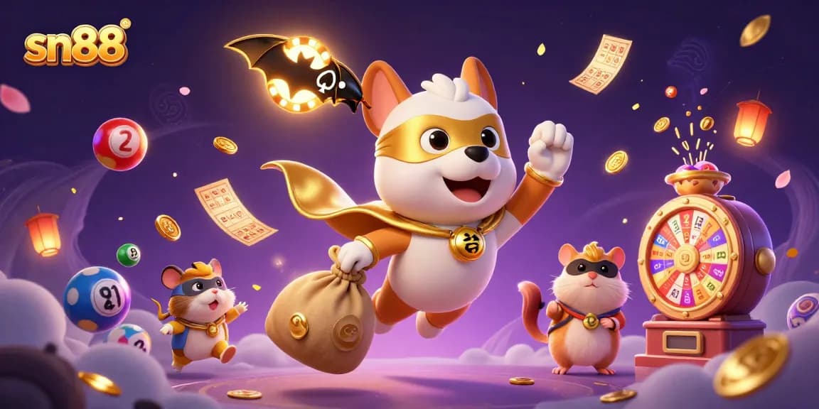 sn88's superhero dog flies with golden coins amidst a vibrant casino extravaganza.