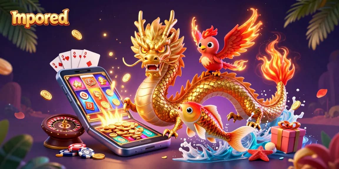 Permainan slot mpored menampilkan naga emas, phoenix lucu, dan ikan koi melompat berlimpah koin.