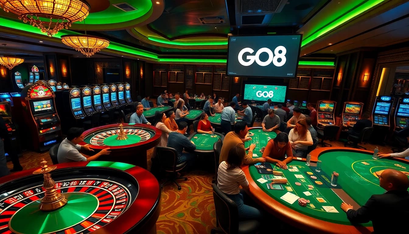 Gamblers enjoying the thrilling GO8 casino experience at elegant tables and vibrant machines.