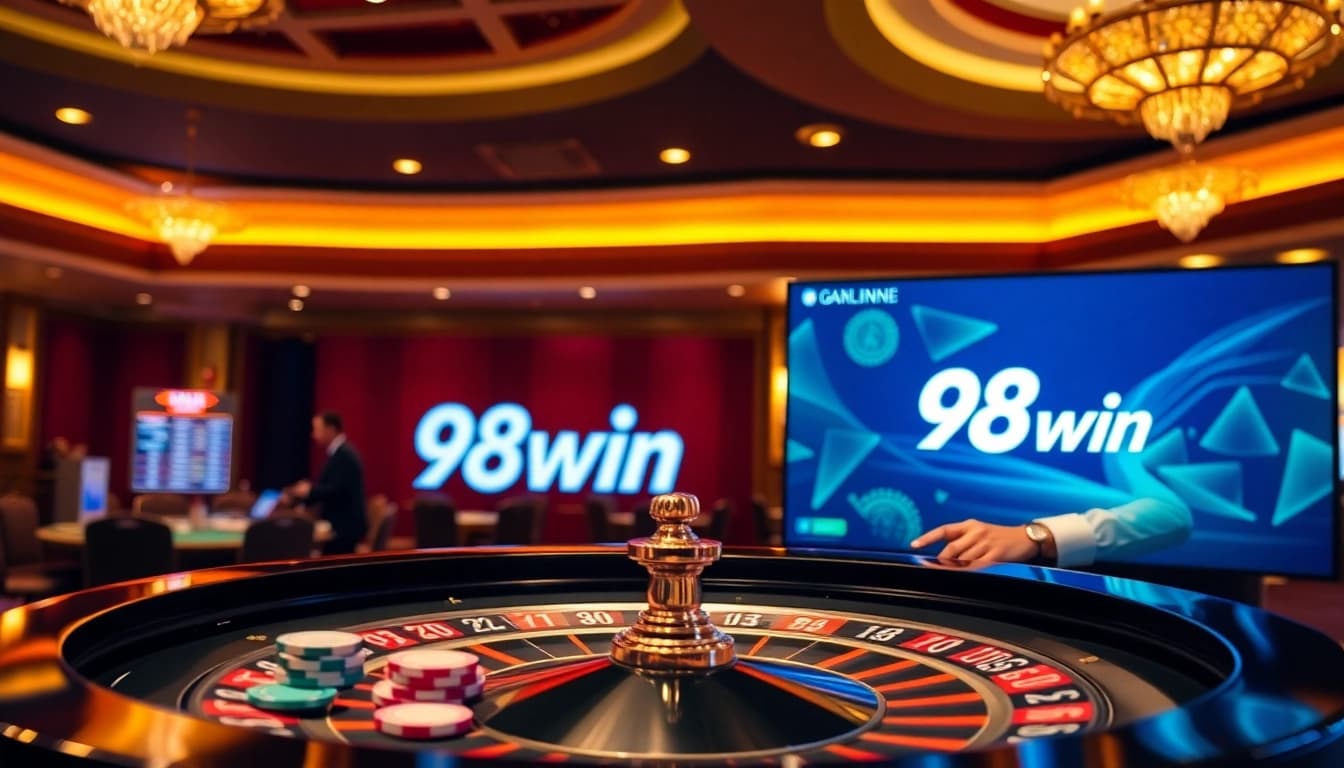 Experience the thrill of gambling at 98win with a vibrant roulette scene filled with chips and excitement.