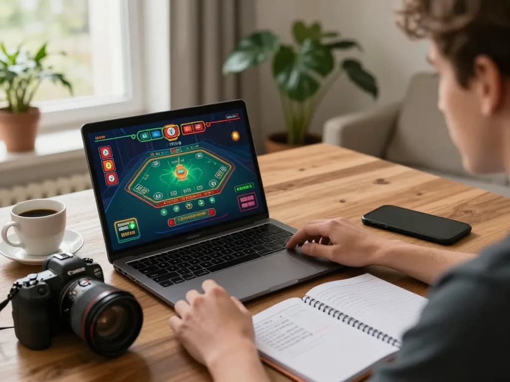 Player experiencing thrilling online gaming at https://mk8th.net/ on laptop in cozy home setting.