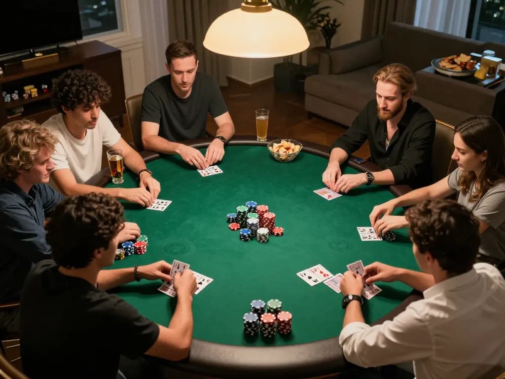 Engaged players concentrating on their cards during a thrilling poker game at home, showcasing 555win gaming experience