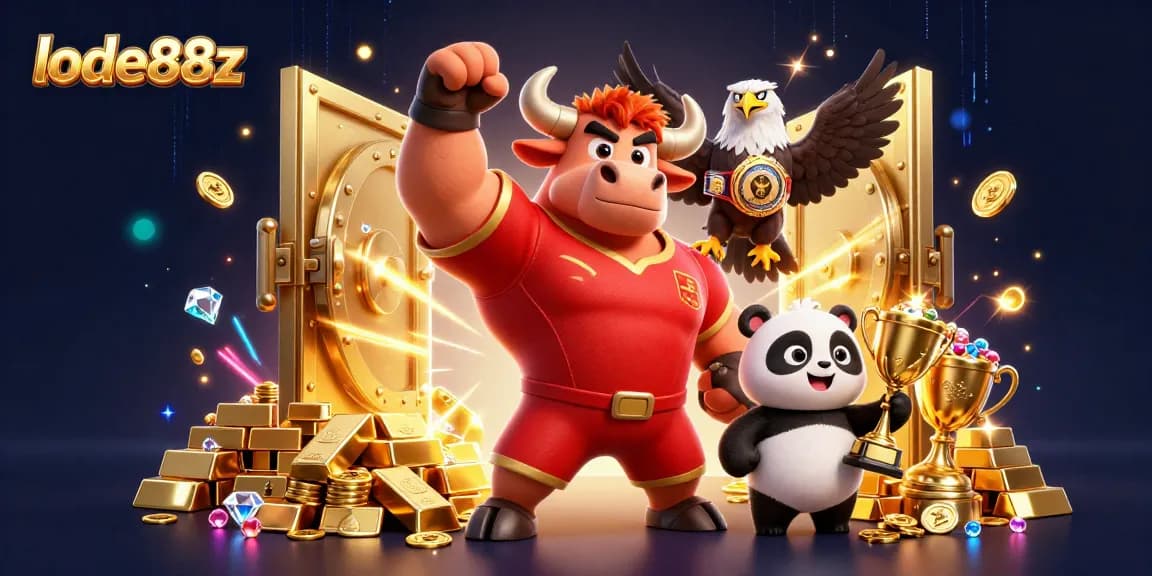 Join lode88z in a dynamic casino scene with vibrant characters, treasures, and exciting gaming elements.