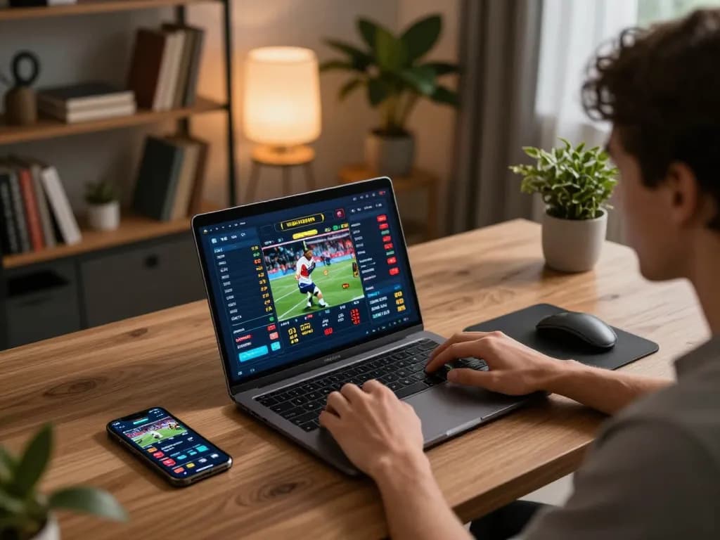 Engaging in live sports betting on 99ok interface with laptop and smartphone in a stylish setting