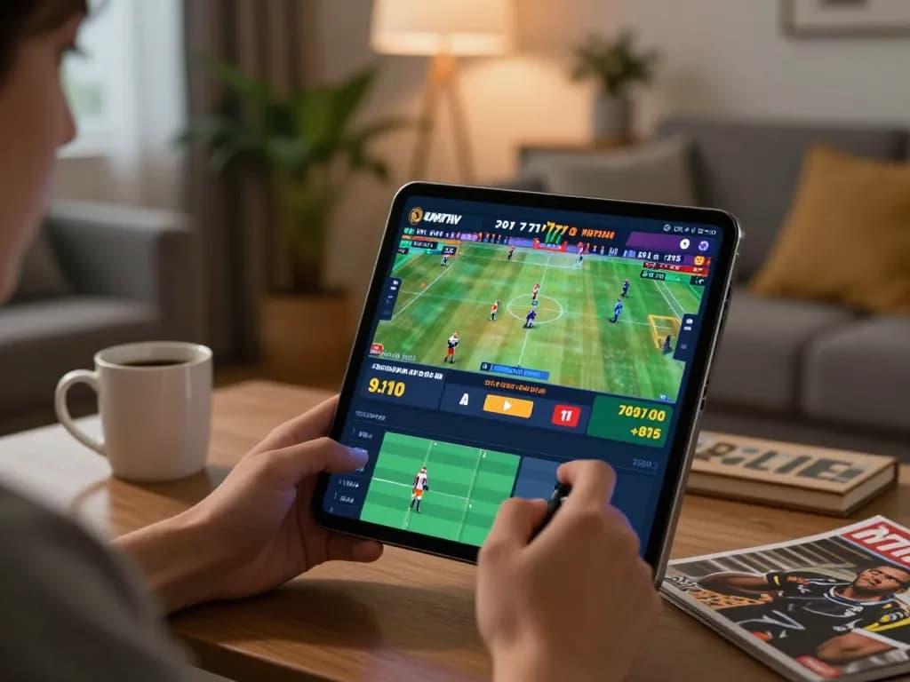 Engaging in live sports betting on 777vip via smartphone in a cozy home setting.