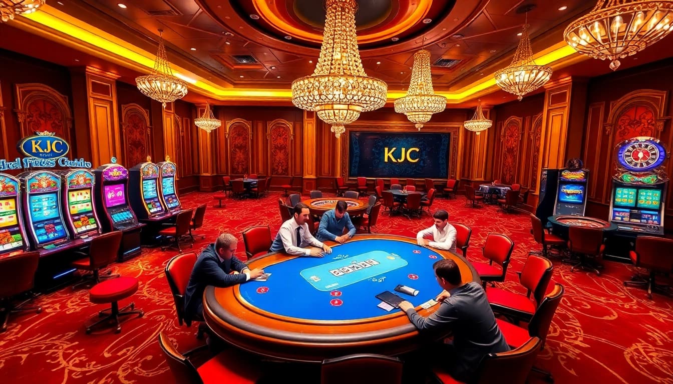 Engaged players at a KJC poker table in a luxurious casino ambiance.
