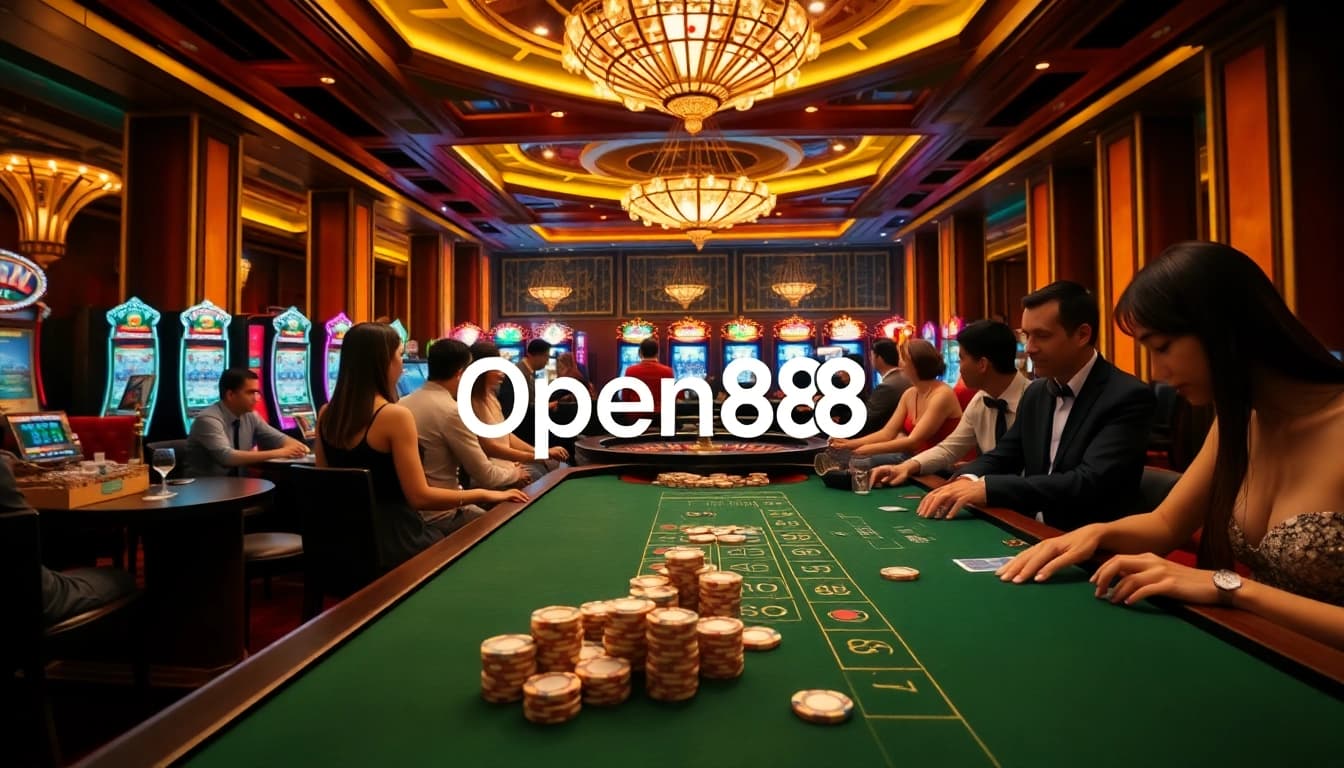 Experience thrilling gameplay at OPEN88 casino with vibrant tables, chips, and roulette wheels.