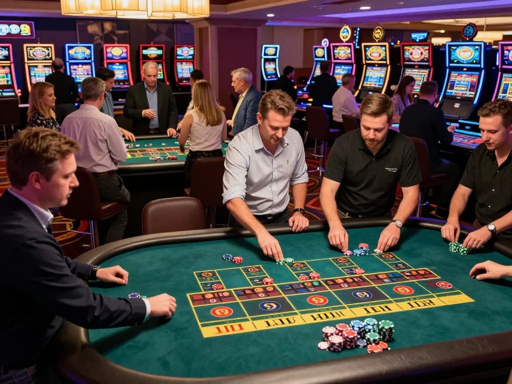 Engaged players testing their strategies at go99 roulette tables, vibrant casino atmosphere.