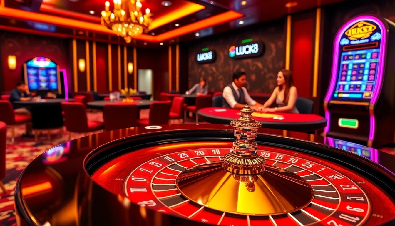 LUCK8 players celebrate wins at an elegant casino table filled with vibrant poker chips.