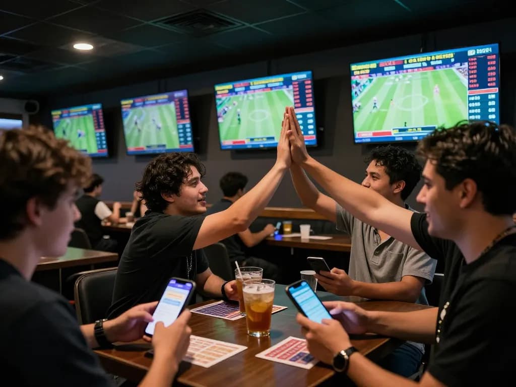 Enthusiastic sports betting scene at tip88 with friends using betting apps and watching live games
