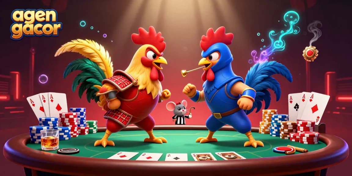 Engage with agen gacor as cartoon roosters duel, surrounded by vibrant poker elements.