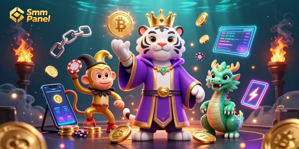 Engage with Smm Panel through vibrant 3D illustration showcasing lively characters and crypto elements amid a dynamic casino atmosphere.