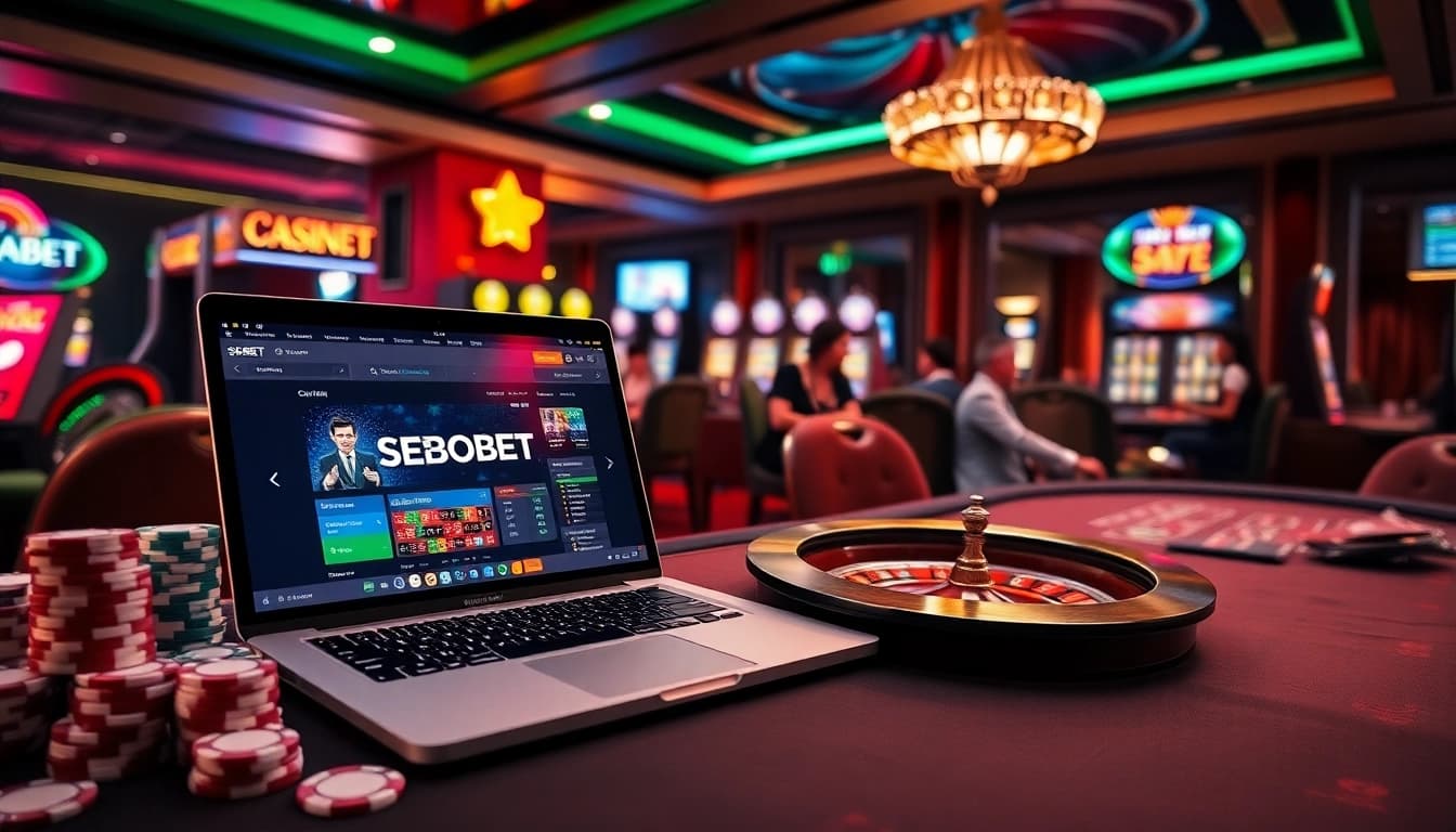 SBOBET online betting interface surrounded by poker chips and a roulette wheel, showcasing premium gambling experience.