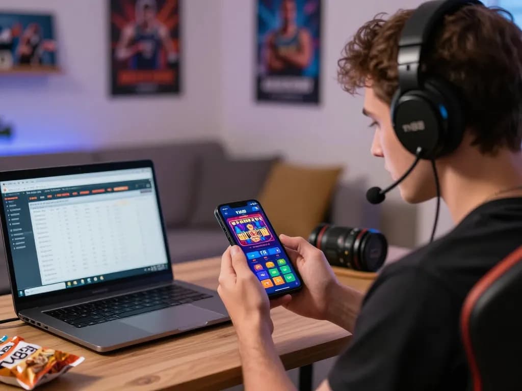 Engaging online betting experience with TV88 app on smartphone, snacks, and gaming gear in a vibrant living room.