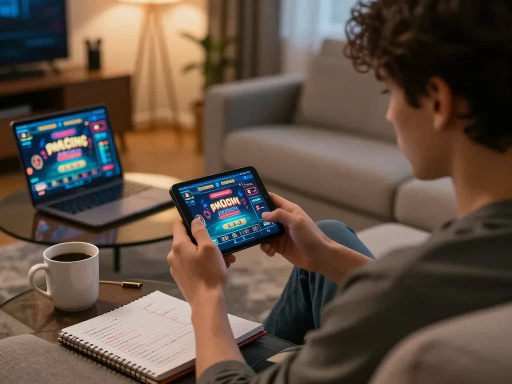 Experience the excitement of liên minh okwin through a cozy online gambling setup with a user engaging with a mobile casino app.