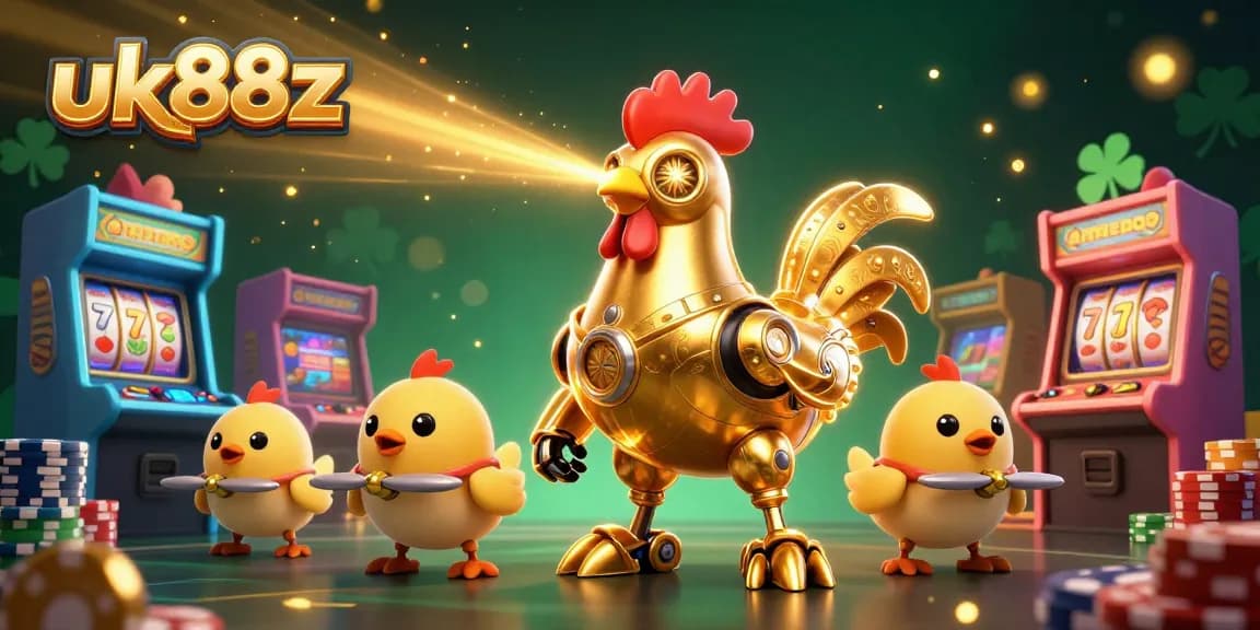 Experience thrilling gameplay with the uk88z golden rooster robot surrounded by casino elements.