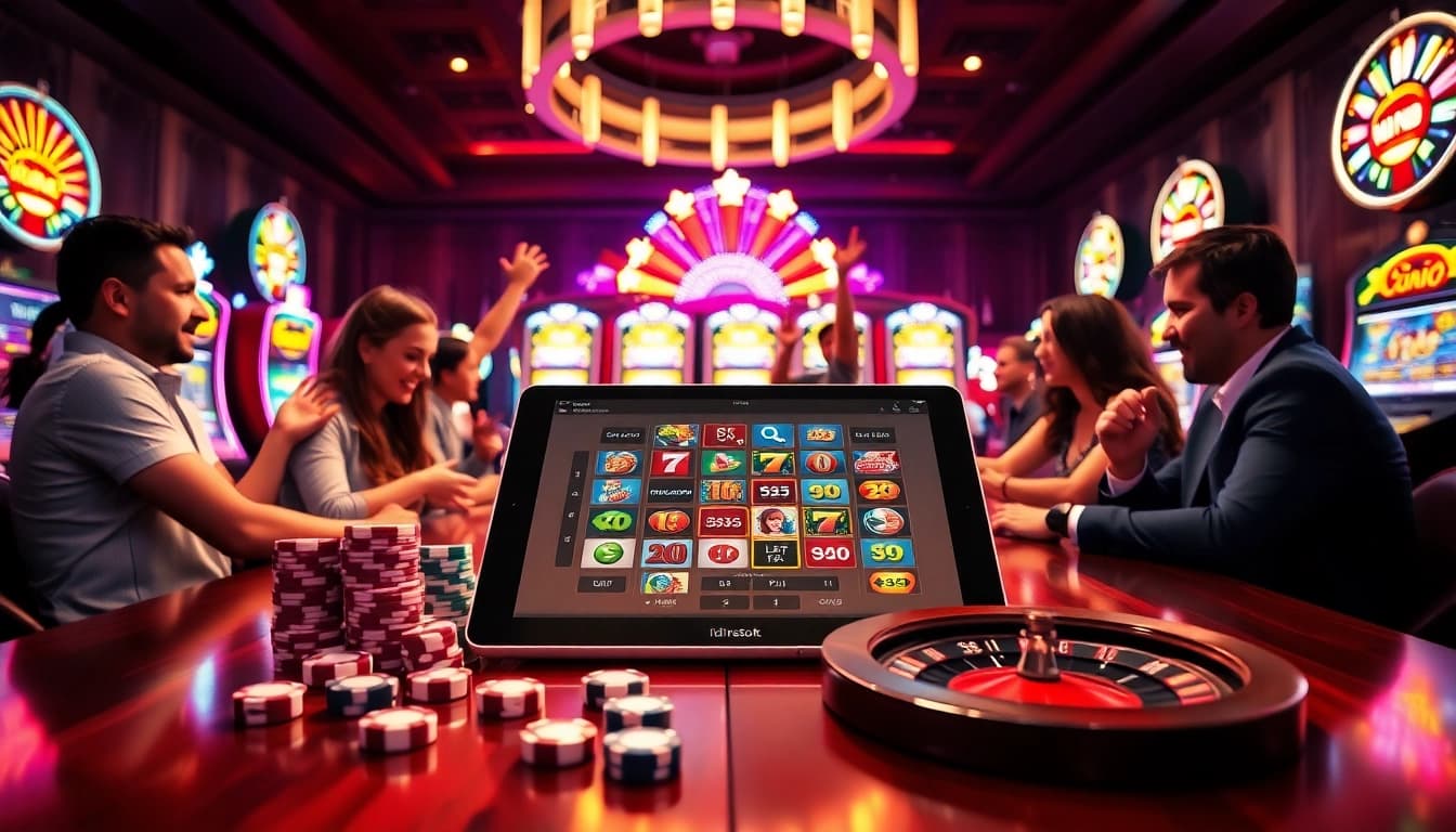 IDNSLOT online gaming interface surrounded by vibrant casino elements including slot machines, poker chips, and a roulette wheel.