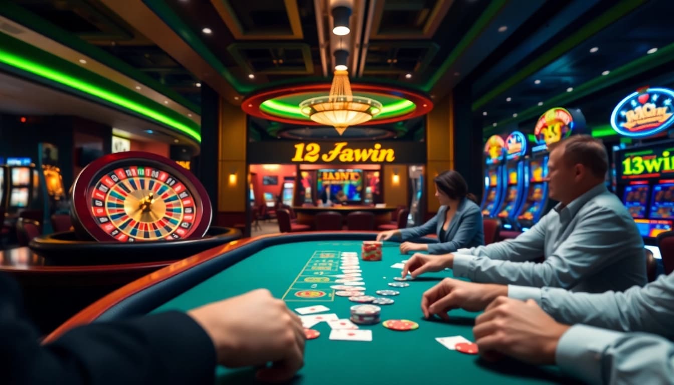 Players engaging in poker at 13win's luxury casino, showcasing excitement and strategy.