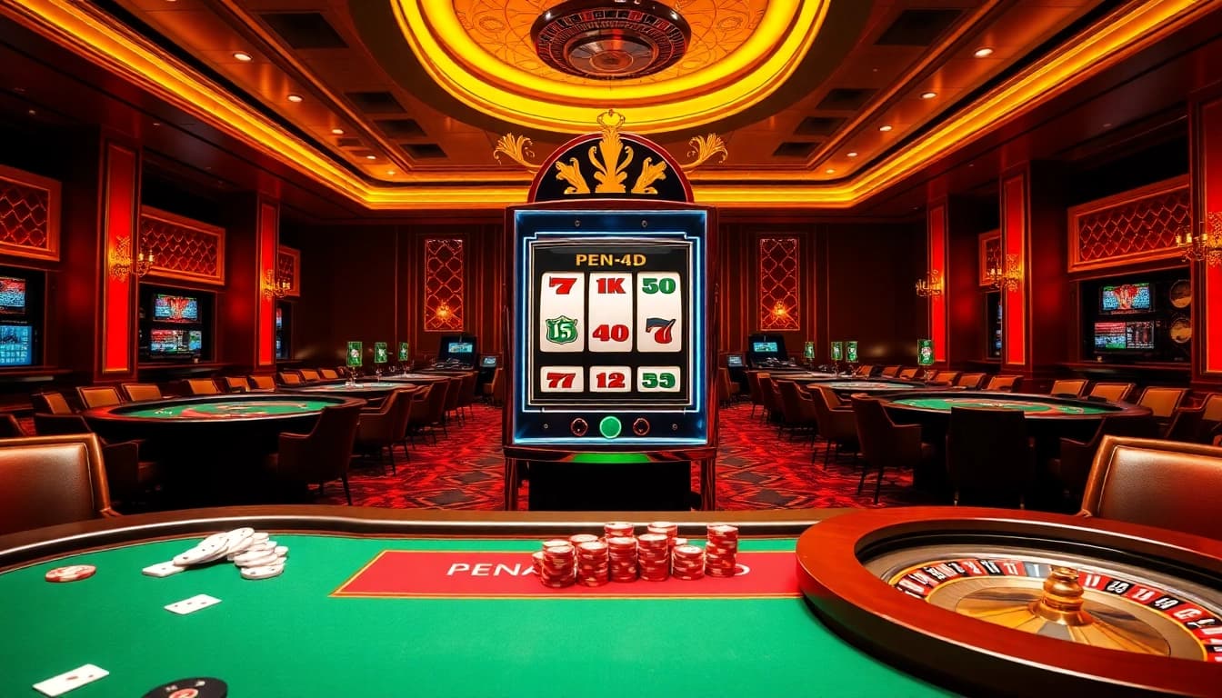 PEN4D slot machine surrounded by immersive casino tables and vibrant gaming atmosphere.