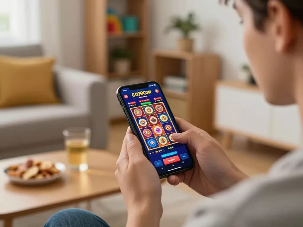 Engaging in mobile gaming at GO99COM, showcasing online slot games in a cozy home setting