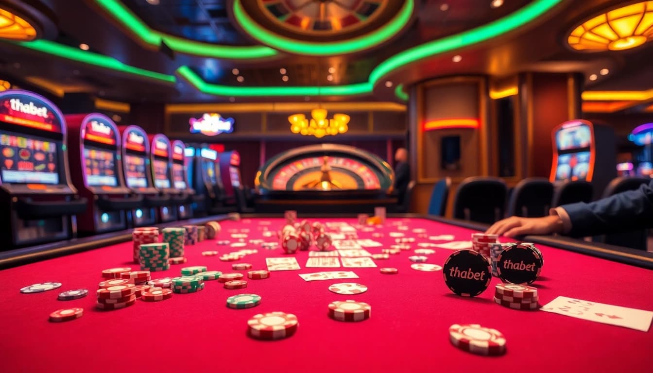 Experience thrilling gameplay at Thabet's vibrant poker table filled with colorful chips and cards.
