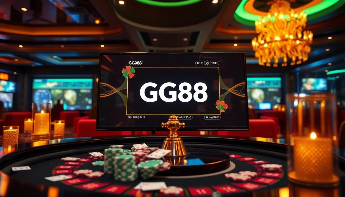 A dealer showcases GG88 casino excitement with poker chips and roulette table in an elegant setting.