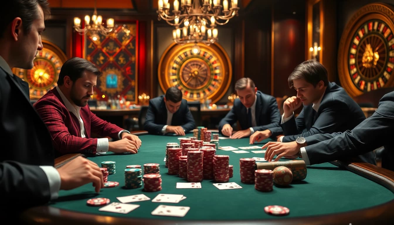 Engaging scene of Idn Poker at a luxurious casino table with poker chips and focused players.