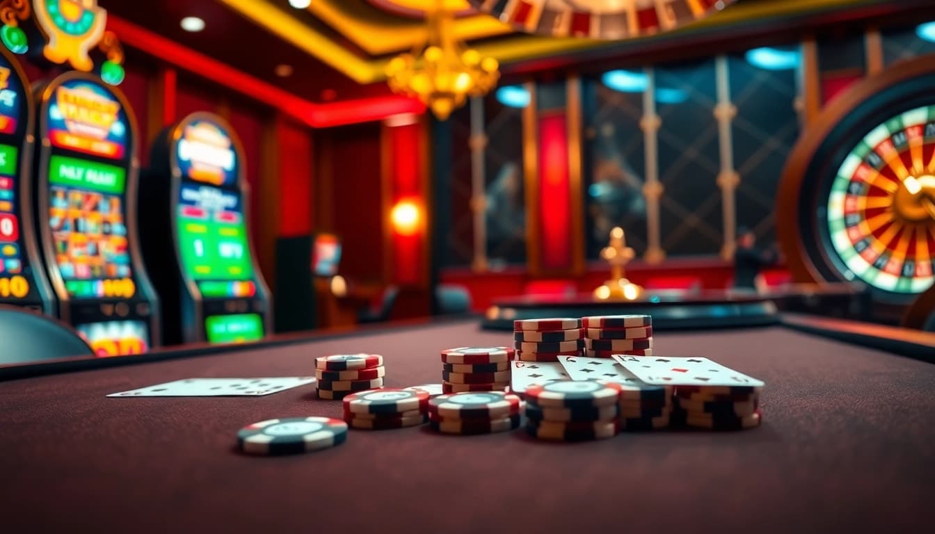 Engaging casino scene showcasing NK88 poker table with chips, cards, and slot machines for thrilling gameplay.