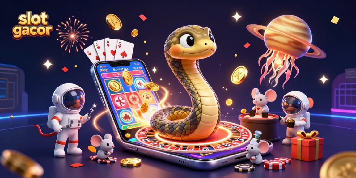 Experience excitement with slot gacor in a vibrant, colorful casino scene featuring animated characters.