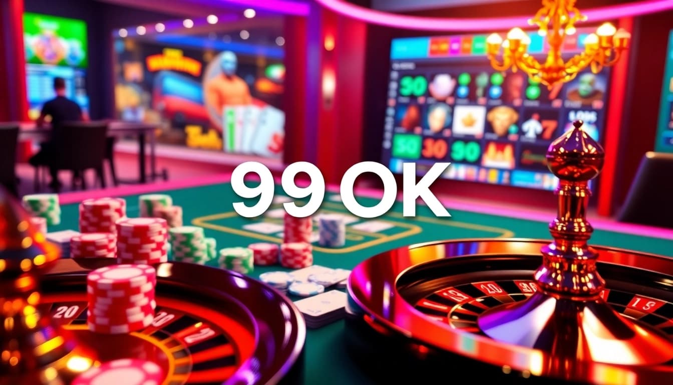 Experience the excitement of 99OK online gaming with vibrant casino elements like tables and chips.