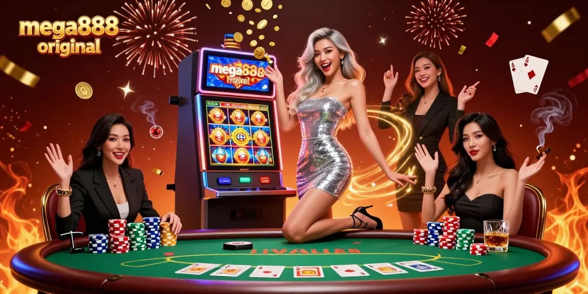 Celebrate a big win at mega888 original with excitement and vibrant casino elements in a dazzling scene.