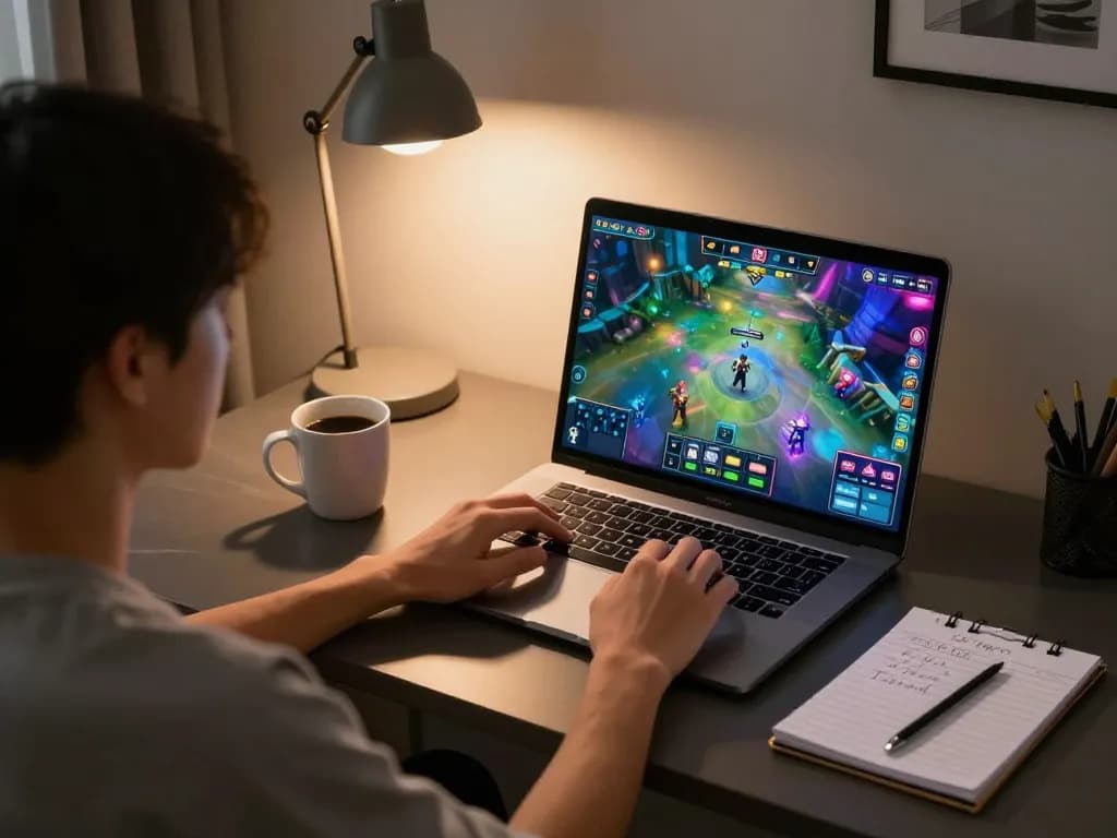 Engaging in Tài xỉu online with focused gameplay on laptop, showcasing strategic approach and comfortable home setup