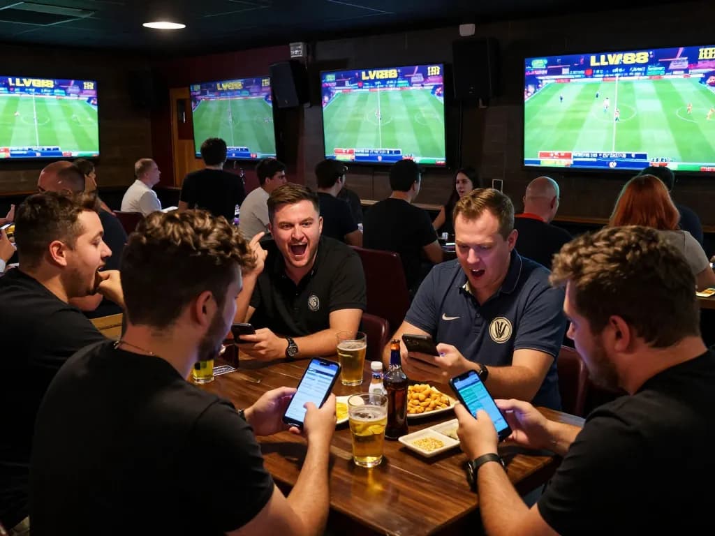 LV88 sports betting enthusiasts cheer while engaging with live sports events on multiple screens.