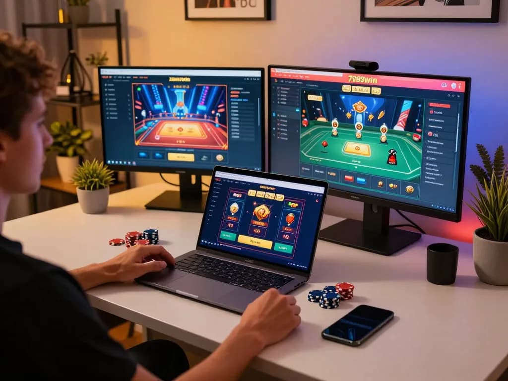 Engaged gamer accessing 789win online casino on a laptop while planning betting strategy