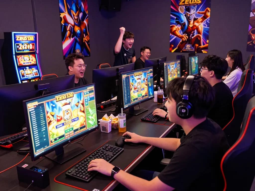Enthusiastic players enjoying Zeus138's online slot games in a vibrant gaming environment.