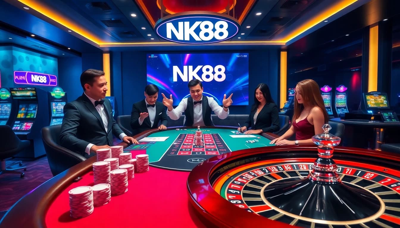 Experience the thrill of NK88 gaming with vibrant casino tables, poker chips, and a roulette wheel.