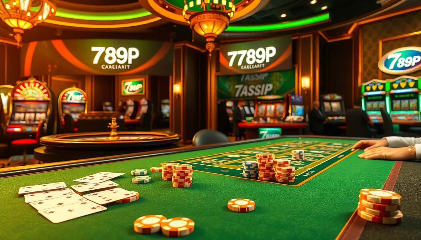 Engage in a thrilling poker game at 789P's luxurious casino table filled with vibrant chips and cards.