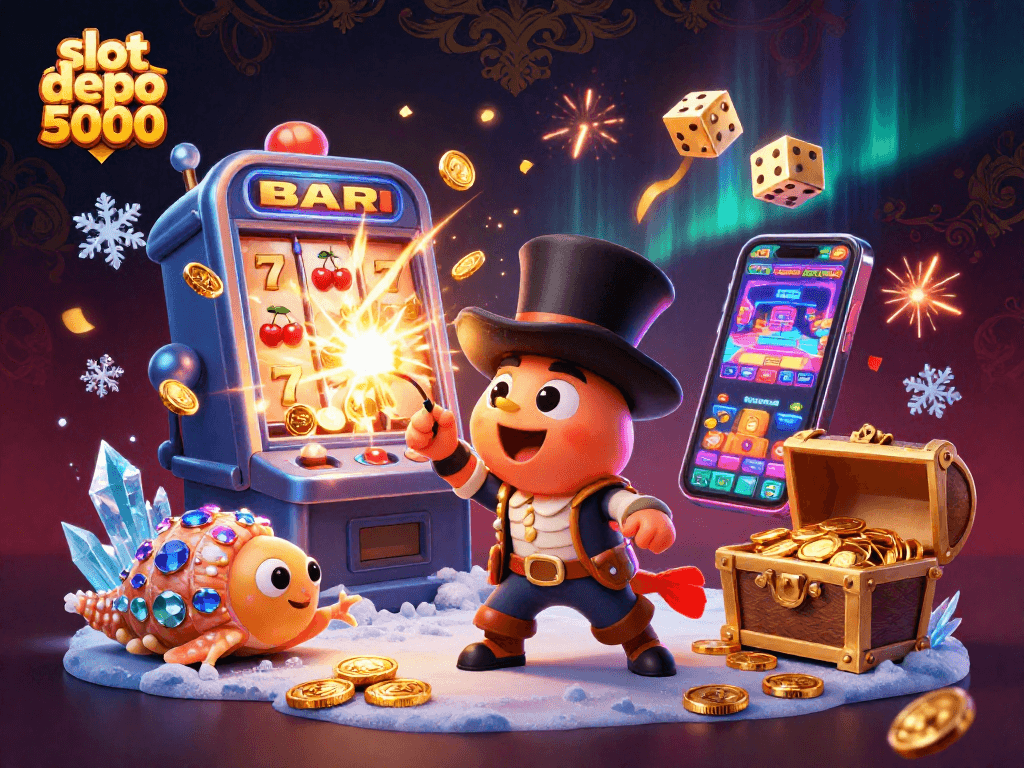 Experience slot depo 5000 with vibrant cartoon characters and explosive jackpots in an exciting casino scene.
