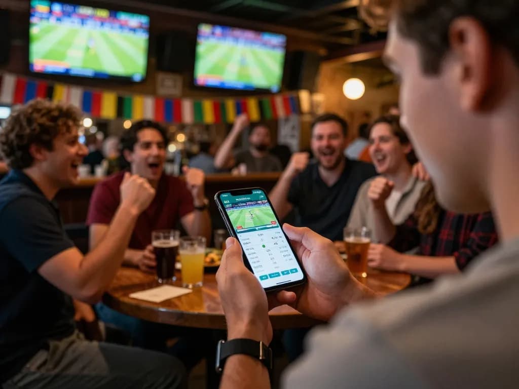 Placing a bet on Keonhacai5 with a mobile app in a lively sports bar, showcasing excitement and engagement.