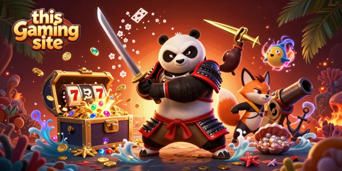 This gaming site showcases a vibrant gaming environment with characters and gambling elements.