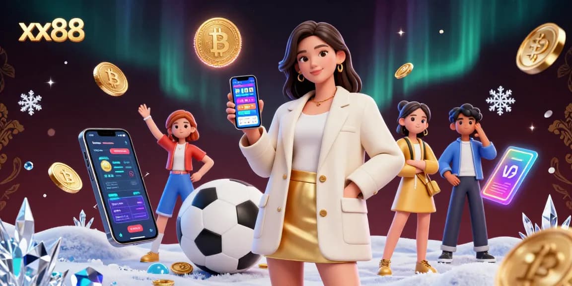 Engage with the x88 betting experience, featuring a woman presenting a sports app in a vibrant, dynamic casino setting.